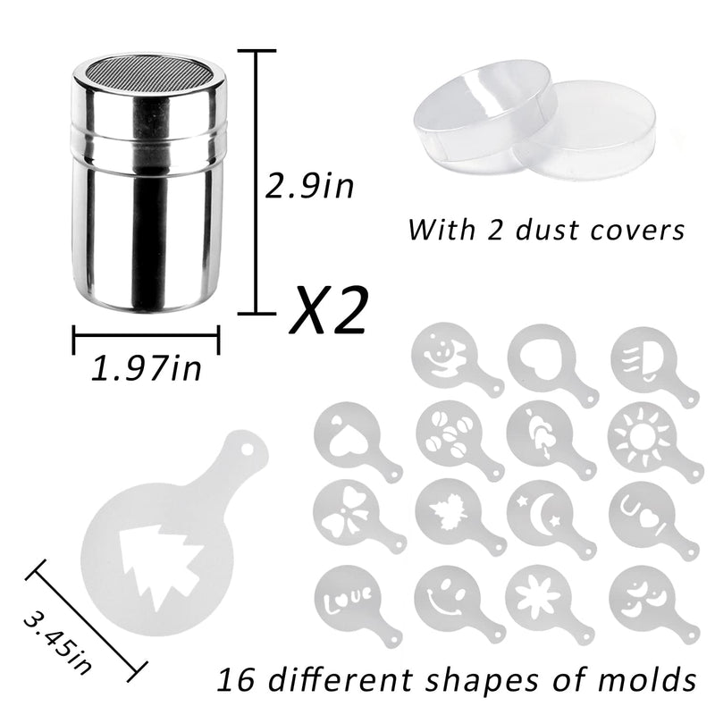 [Australia - AusPower] - Mauts-inus 2 Pack Chocolate Shaker Dusters Mesh Powder Shaker Shaker 16 Coffee templates Set for Syrup,Cream,PowderedSugar,Cocoa,Cappuccino,for Kitchen,Drinks,Baking (18) 18 