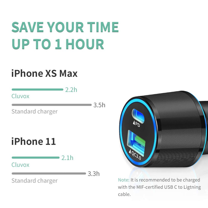 [Australia - AusPower] - Cluvox 20W Fast USB C Car Charger Adapter, Compatible for iPhone 13/12/Pro/Max/Mini/11/XS/X/XR/8/Plus/SE 2020/iPad/Air 3 Rapid PD& QC 3.0 Automobile Charger& 3.3ft MFi Certified Nylon Cable -Black R-Black 3.3 ft 