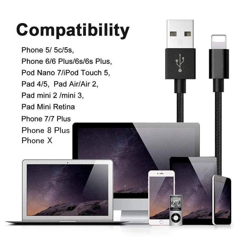 [Australia - AusPower] - RoFI Compatible Phone Cable, [2Pack] 2FT Nylon Braided Fast Charging USB Cord Replacement for Phone X 8 8 Plus 7 7 Plus 6s 6s Plus 6 6 Plus 5 5S 5C SE Pad Air Mini and More (2 Pack Black, 2 FT) 2 Pack Black 