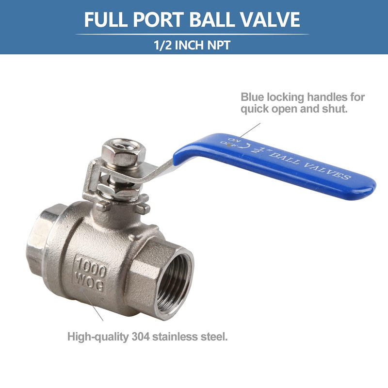 [Australia - AusPower] - YanTone 1/2 Inch Full Port Ball Valve, 304 Stainless Steel Shut Off Valve for Water Oil and Gas, 1000 PSI (WOG) - 1/2" NPT, 1 Piece 