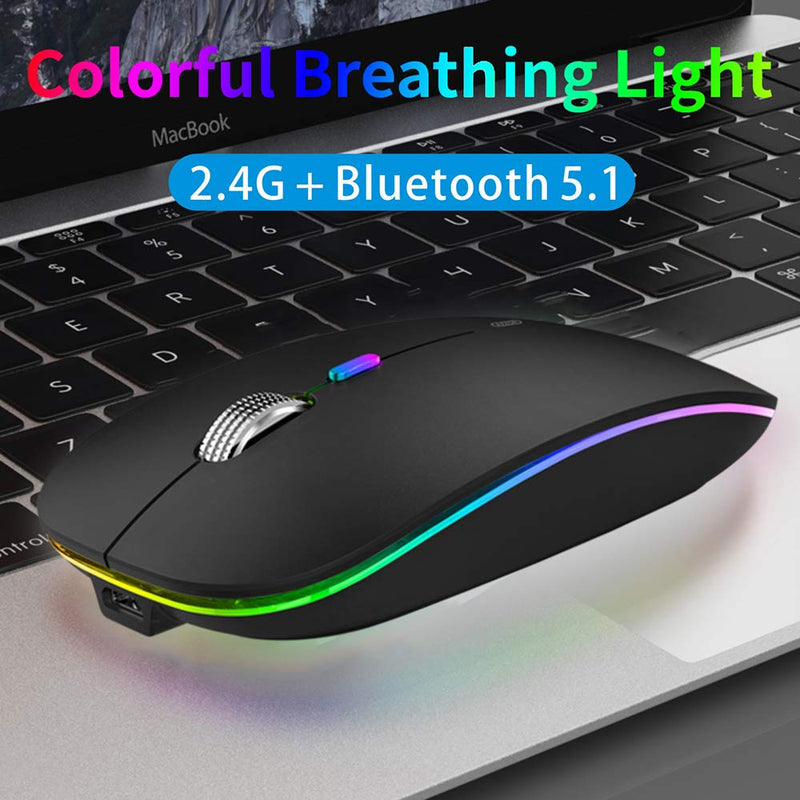 [Australia - AusPower] - TENMOS Wireless Bluetooth Mouse, LED Slim Dual Mode (Bluetooth 5.1 + USB) 2.4GHz Rechargeable Silent Bluetooth Wireless Mouse with Type C Adapter for Laptop/MacBook/iPad OS 13 and Above (Matte Black) Matte Black 