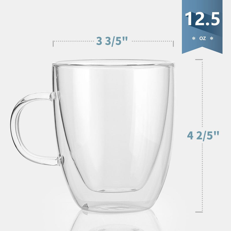 [Australia - AusPower] - Sweese 413.101 Glass Coffee Mugs - 12.5 oz Double Walled Insulated Mug Set with Handle, Perfect for Latte, Americano, Cappuccinos, Tea Bag, Beverage, Set of 2 