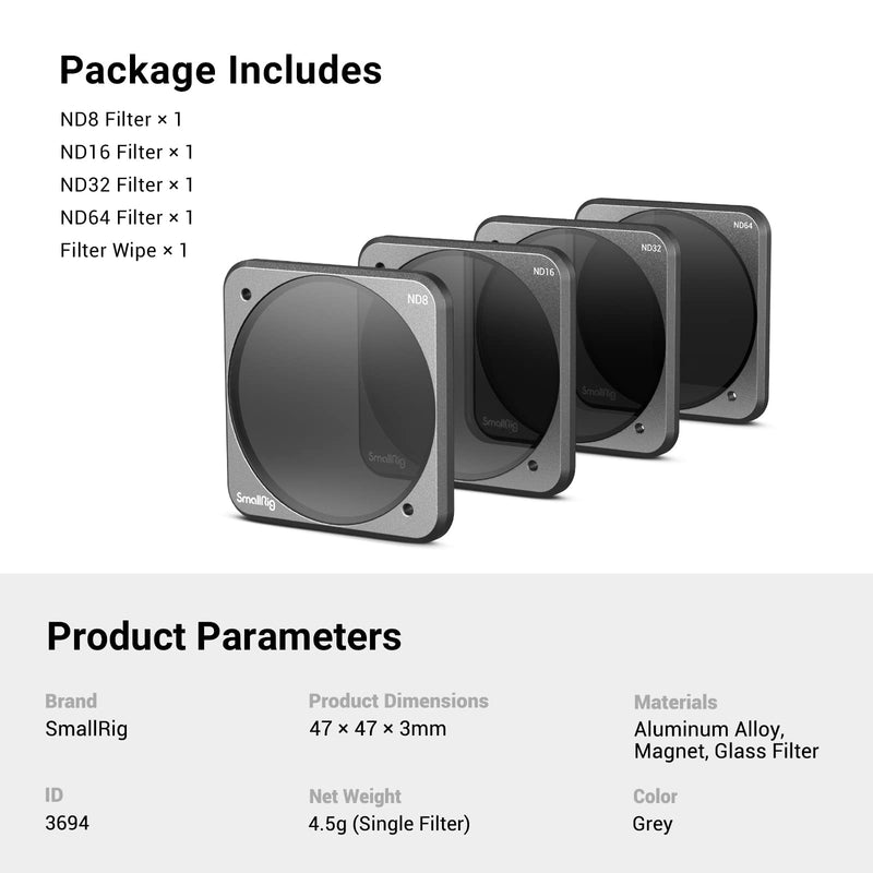 [Australia - AusPower] - SmallRig ND Filter Kit for DJI Action 2, 4 Pieces ND8, ND16, ND32, ND64 Square Camera Lens Filters, QR Magnetic Design, Photography Filters Accessory for Vlogging, FPV Shooting - 3694 