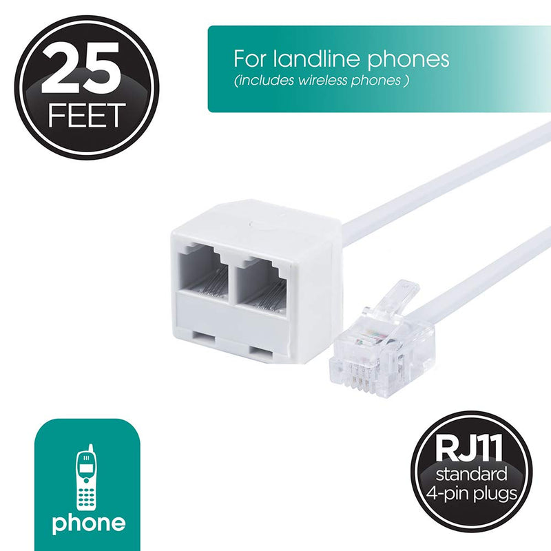 [Australia - AusPower] - Power Gear Line Cord, Dual Jack, 2 Pack, 25ft Cord, Male Plug, Female Ports, Fits Standard Phone Jacks, Compatible with Telephones, Modems, Fax Machines, for Home or Office, All Brands, White, 46075 