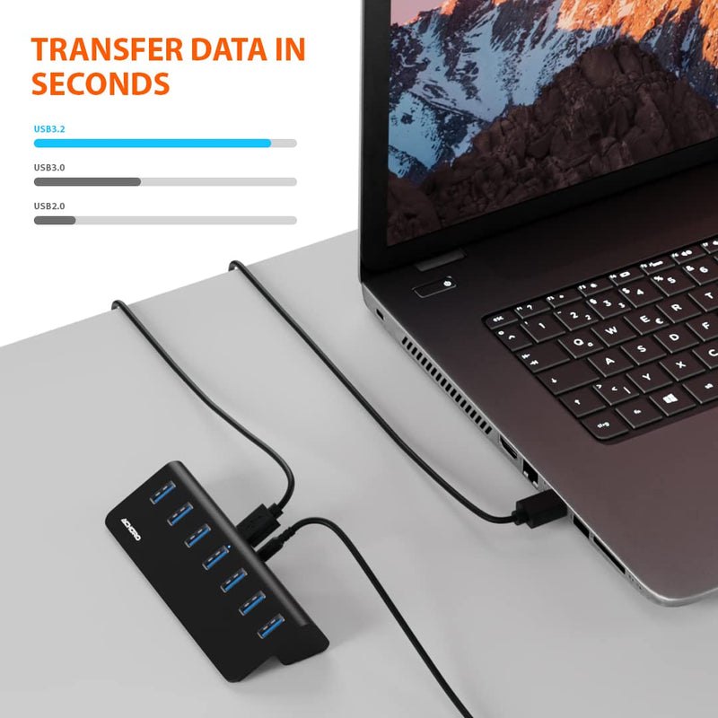 [Australia - AusPower] - Achoro 7 Ports Powered USB HUB – 2nd Generation 10GB Super Speed External USB Port – USB 3.2 Aluminium USB Hub for Computer, Mac, PCs, Smartphone & Tablets – Computer Multiple USB Hub (Powered Black) POWERED BLACK 