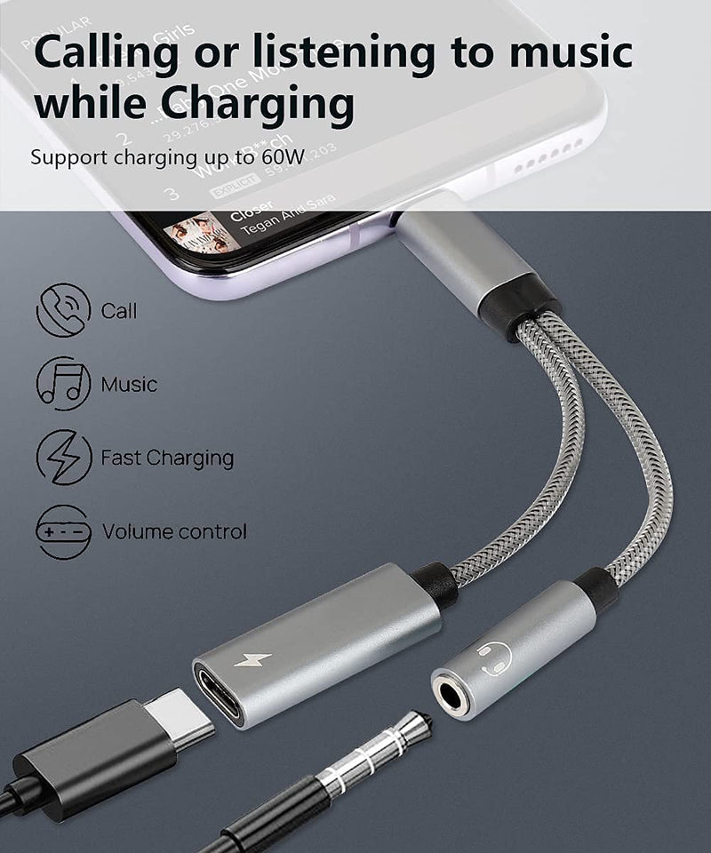 [Australia - AusPower] - Samsung Galaxy S21 Headphone Adapter, 2 in 1 USB C to 3.5mm Audio Adapter & 60W Fast Charging Dongle Compatible with Google Pixel 5/4/4XL/3/3XL, Galaxy Note 10/10 Plus/20 Ultra/S21/S21+/S20FE/S21FE Grey 