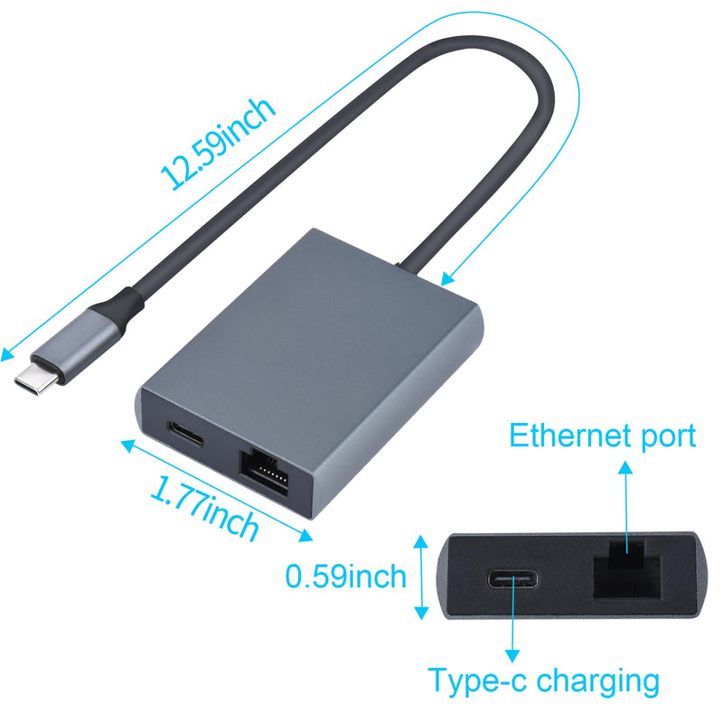 [Australia - AusPower] - Giochem USB-C to Ethernet Adapter with Charge,Aluminum Portable USB Type-C to RJ45 LAN 100M Network Adapter, 10/100Mbps Ethernet Speeds,Ethernet Adapter with Charge Port(Grey) 12.59inches 