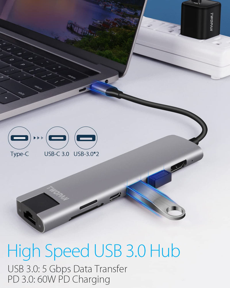 [Australia - AusPower] - TWOPAN USB C Hub Multiport Adapter, 6 in 1 USB C to USB 3.0 Hub HDMI for Laptop, 1000M Ethernet, 60W PD Port, SD/Micro SD Card Reader, Compatible with iMac, MacBook Pro/Air, iPad Pro, XPS, Chromebook 