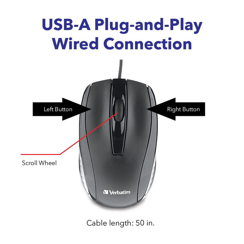 [Australia - AusPower] - Verbatim Wired Computer Mouse - Corded USB Mouse for Laptops and PCs - Right or Left Hand Use, Black Glossy Black 