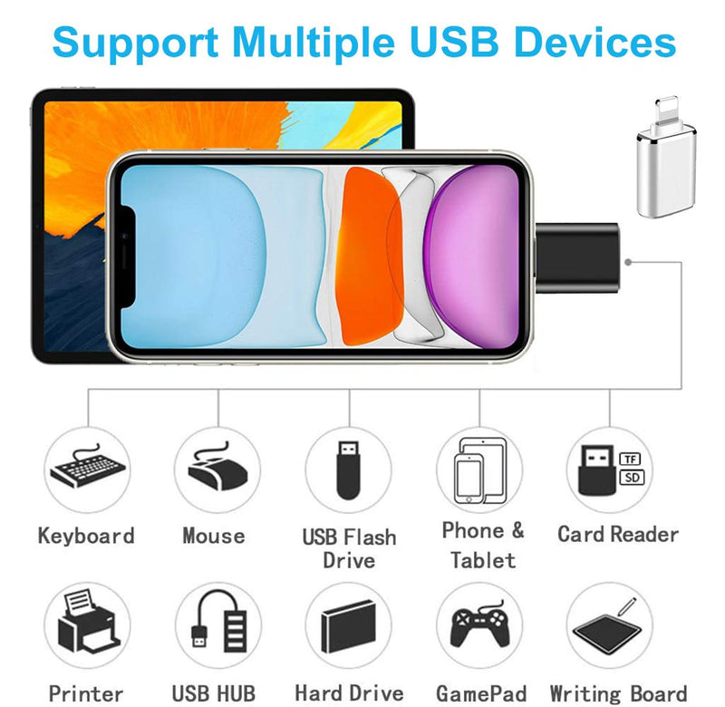 [Australia - AusPower] - Lightning to USB3 Adapter 2 Pack, ROSYCLO MFi Certified USB OTG Data Sync Converter for iPhone 12/11/X/8/7/6/iPad,Camera,Card Reader,USB Flash Drive,Mouse,MIDI Keyboard iOS 9.2-14+(Silver+Black) 