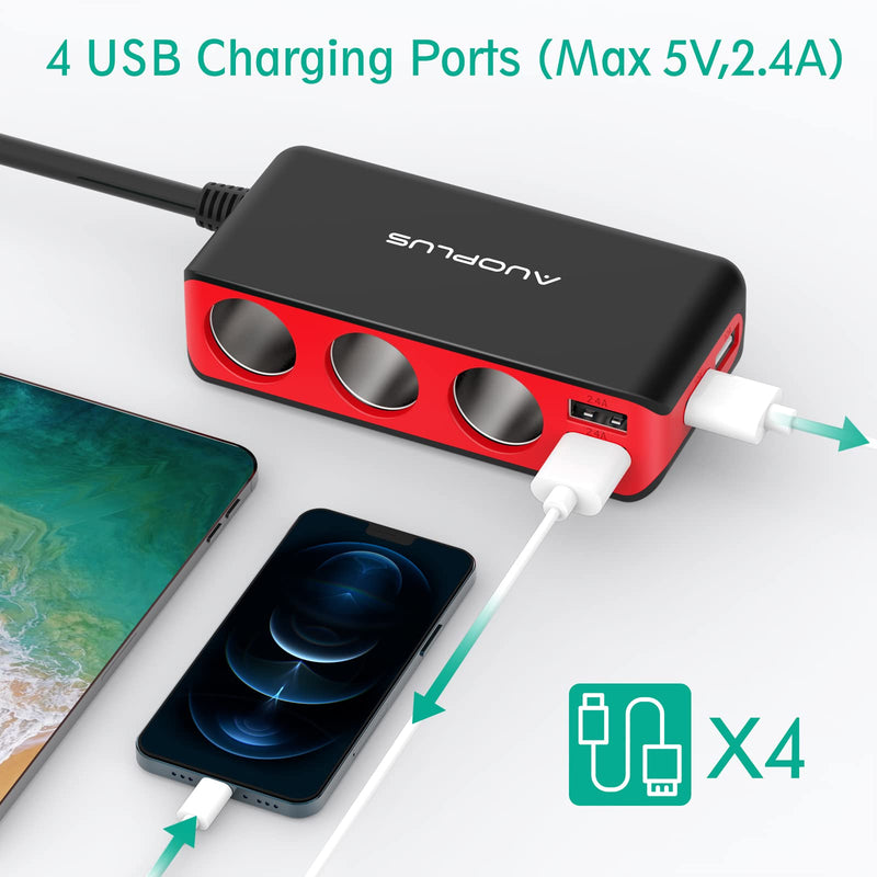 [Australia - AusPower] - AUOPLUS 120W 3 Socket Cigarette Lighter Splitter Car Charger Adapter, LED Voltage Display Dual 4 USB Chargers(6.8A), Car Charger On/Off Switches 12V for iPhone iPad Samsung GPS Dashcam black+red 