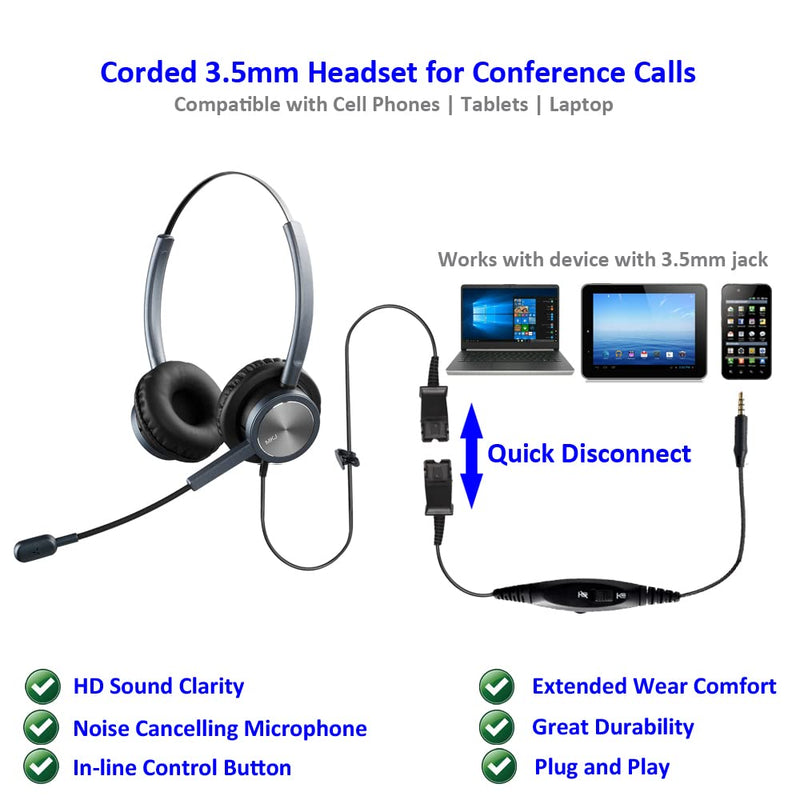 [Australia - AusPower] - MKJ Corded 3.5mm Headset with Microphone for Laptop Wired Cell Phone Headset with Mute Button Noise Cancelling Compatible with Computer iPhone Huawei Xiaomi Samsung ZTE BlackBerry etc Smartphones Stylish Duo 3.5mm Cell Phone Headset 