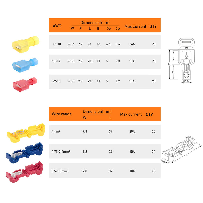 [Australia - AusPower] - Nilight - 50004R 120 Pcs/60 Pairs Quick Splice Wire Terminals T-Tap Self-stripping with Nylon Fully Insulated Male Quick Disconnects Kit, 2 Years Warranty 