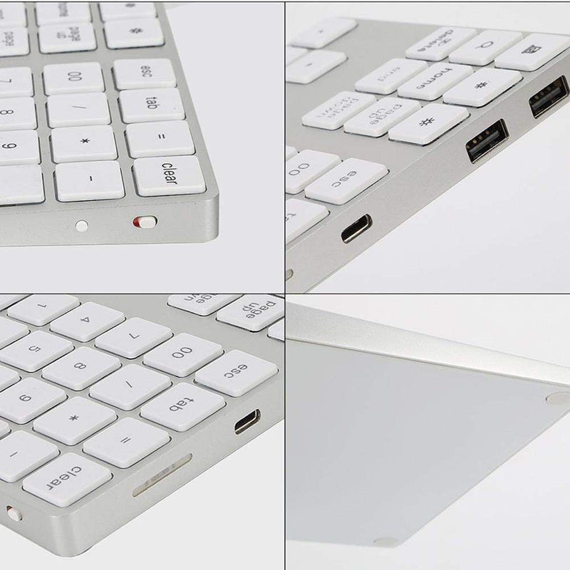 [Australia - AusPower] - Wired/Bluetooth Numeric Keypad, Portable Wireless Bluetooth 34-Key External Number Pad with 2 USB 3.0 Interface for Computer Laptop Windows, OS, Android(Silver) Silver 