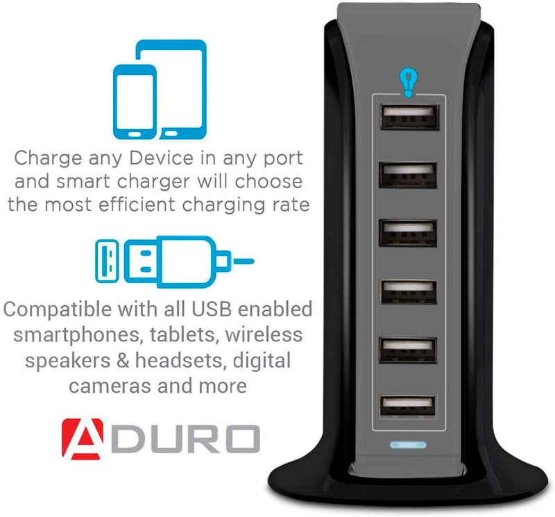 [Australia - AusPower] - Aduro 40W 6-Port USB Desktop Charging Station Hub Wall Charger for iPhone iPad Tablets Smartphones with Smart Flow (Black/Grey) Black/Grey 