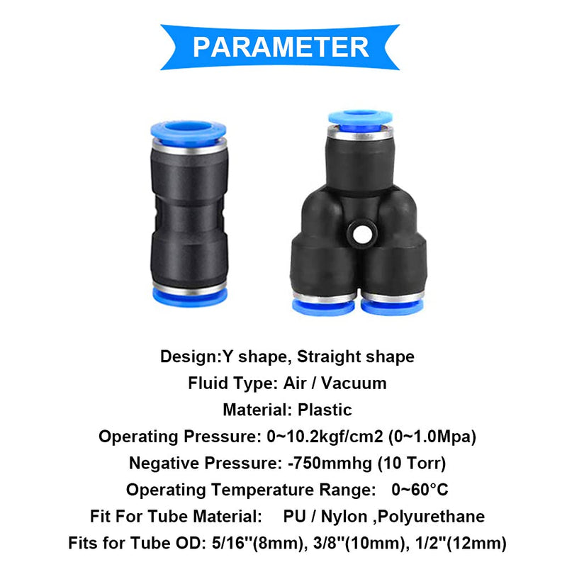[Australia - AusPower] - DAOKI 45 Pcs Air Push Quick Fittings Straight Type Y Shape 8/10/12mm Quick Release Pneumatic Fittings Connectors Push to Connect Tube Fitting for 5/16 3/8 1/2 Tube 