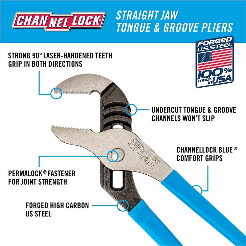 [Australia - AusPower] - Channellock 430 Tongue & Groove Pliers | 10" Straight Jaw Groove Joint Plier with Comfort Grips | 2" Jaw Capacity | Laser Heat-Treated 90° Teeth| Forged From High Carbon Steel | Made In USA,Black, Blue, Silver,10-Inch 