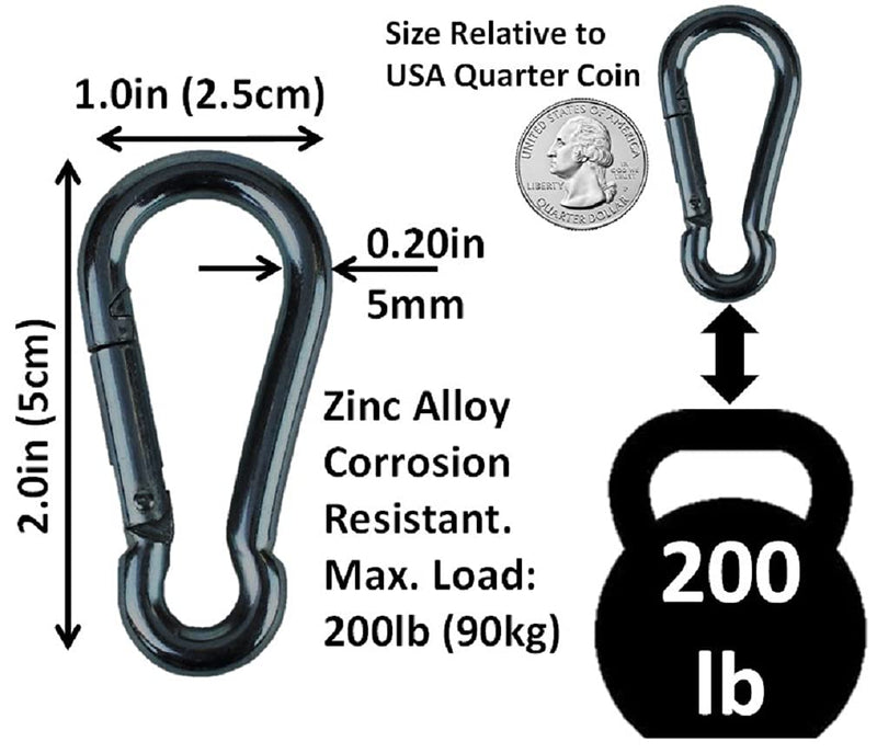 [Australia - AusPower] - Branded Boards Black & Silver Heavy Duty Bushcraft Zinc-Galvanized Steel Carabiner Spring Snap Clip Link Hooks. 200-400lb Load. 6 Packs, 12 Packs and Variety Packs. 