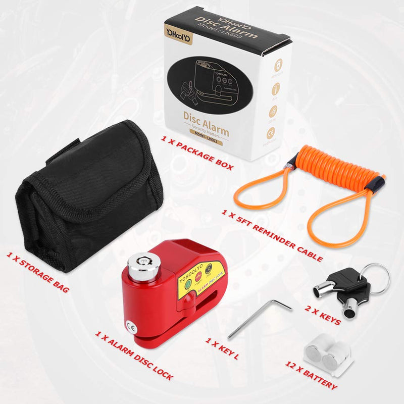 [Australia - AusPower] - YOHOOLYO Alarm Disc Lock Motorcycle Disc Brake Lock Anti-Theft Waterproof 110 dB 7mm Pin 5ft Reminder Cable for Motorcycles Bike Scooter Carry Pouch (Red) Red 