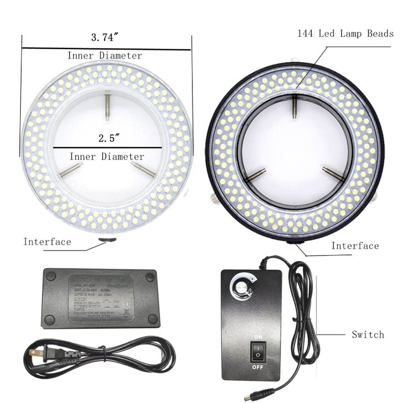 [Australia - AusPower] - Light Microscope Led Ring Illuminator,Adjustable 144 LED Ring Light Illuminator for Stereo Microscope (White) White 