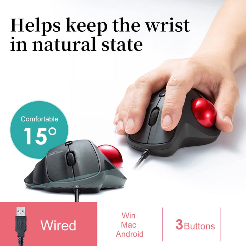 [Australia - AusPower] - SANWA Wired Ergonomic Trackball Mouse, Optical Vertical Rollerball Mice, Silent Buttons, 34mm Trackball, 600/800/1200/1600 Adjustable DPI, Compatible with MacBook, Laptop, Computer, Windows, macOS 