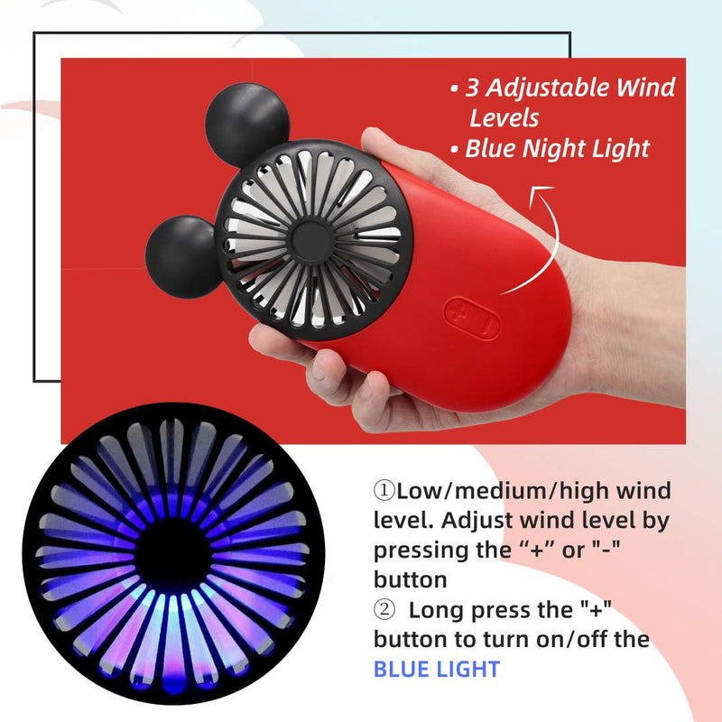 [Australia - AusPower] - DecoLife Cute Personal Mini Fan, Handheld & Portable USB Rechargeable Fan with Beautiful LED Light, 3 Adjustable Speeds, Portable Holder, Perfect for Indoor Or Outdoor Activities, Cute Mouse Red 