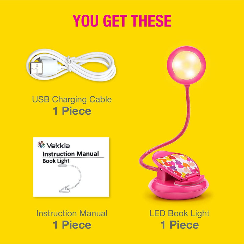 [Australia - AusPower] - Vekkia Cute Rechargeable 7 LED Eye-Care Book Light, Clip on Reading Lights for Reading in Bed at Night, 3 Levels, 1.8oz Light Weight, Up to 40 Hours Reading, Great Gift for Kids & Readers (Rose Red) 