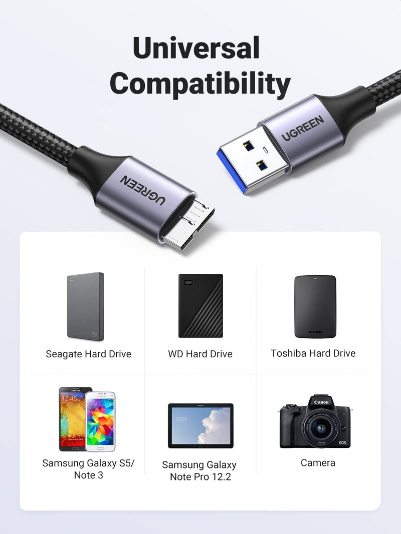 [Australia - AusPower] - UGREEN Micro USB 3.0 Cable, USB 3.0 A to Micro B Cord Nylon Braided External Hard Drive Cable Compatible with Samsung Galaxy S5, Note 3/Pro 12.2, Western Digital, Toshiba, My Passport, etc 6 FT 6.6 ft 