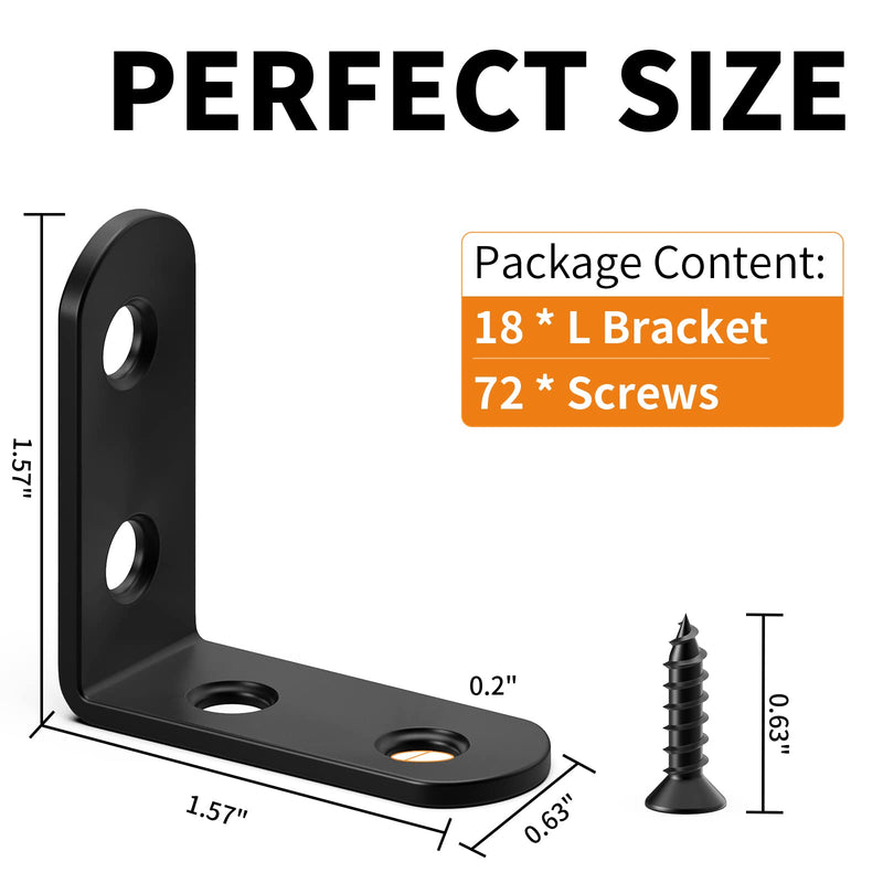 [Australia - AusPower] - 18PCS L Bracket Corner Bracket, FATLODA Stainless Steel L Brackets for Shelves, Black Small Right Angle Bracket, Metal Corner Brace for Wood Furniture Cabinet Chair with 72PCS Screws (1.57x1.57 in) 