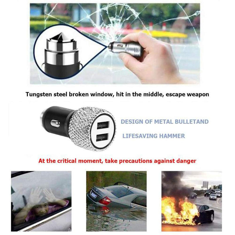 [Australia - AusPower] - Bling Car Charger Accessories Set,Rhinestone Dual USB Car Chargers + Bling 3 in1 Nylon Braided Charging Cable,Bling Crystal Decoration Car Accessories Kits for Girl and Women (Silver) Silver 