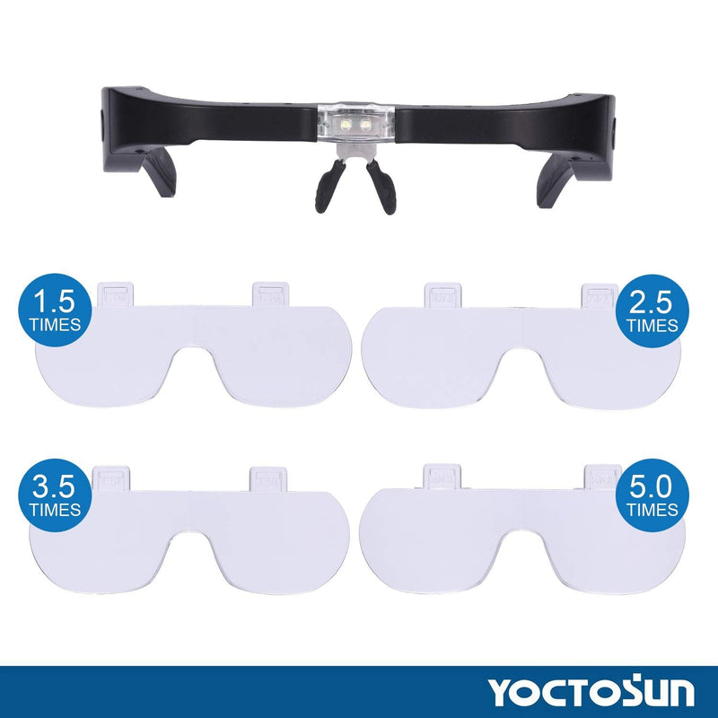 [Australia - AusPower] - YOCTOSUN Rechargeable Magnifying Glasses, Head Magnifier Glasses with 2 LED Lights and Detachable Lenses 1.5X, 2.5X, 3.5X,5X, Best Eyeglasses Magnifier for Reading and Hobby Headset Magnifier 
