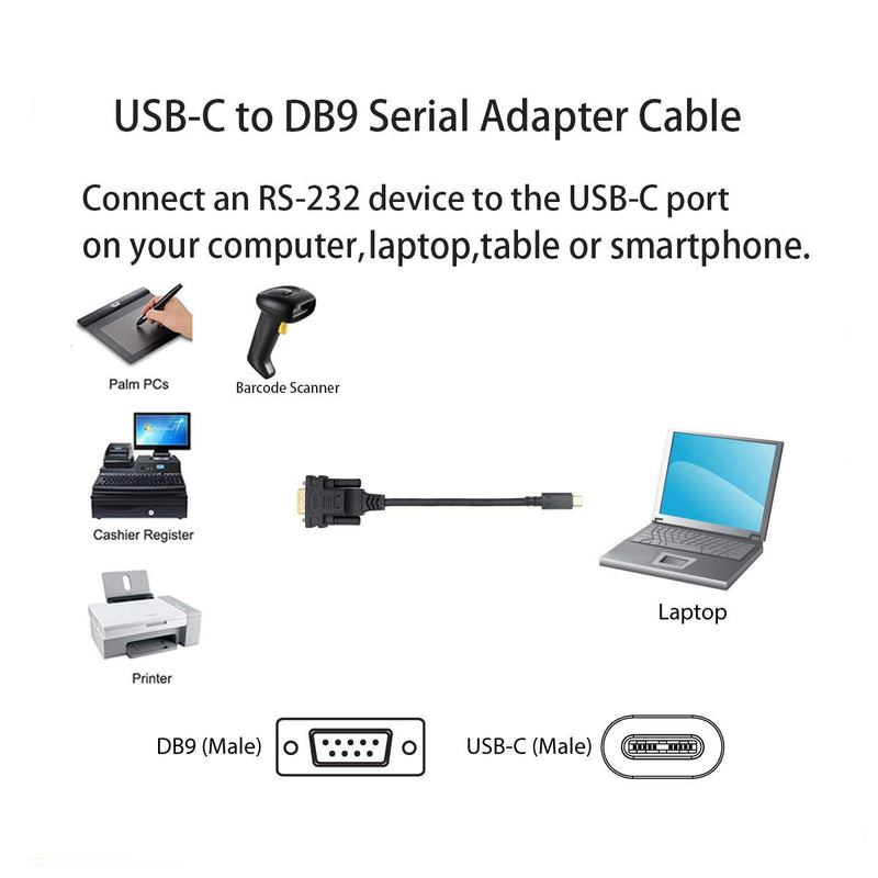 [Australia - AusPower] - USB to DB9 RS232 Serial Adapter Converter Cable with FTDI Chip 6ft Support Win10/8/7/XP/Android/Mac/Linux/Vista (Type C to DB9) Type C to DB9 