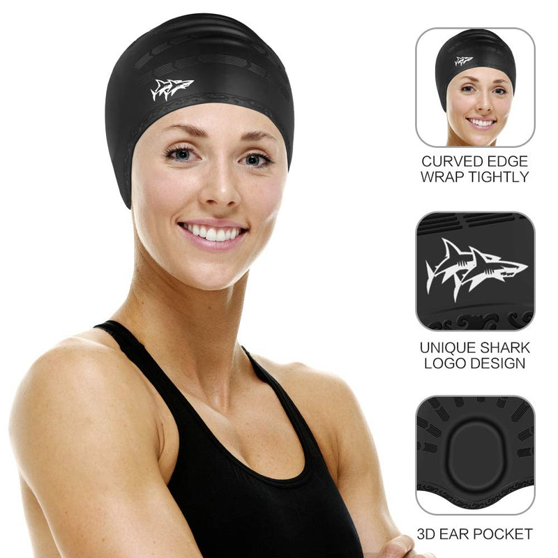 [Australia - AusPower] - Swim Cap for Long Hair 2 Pack Thicker Design Solid Silicone Waterproof Swimming Caps for Woman Adults and Men Black+Blue 