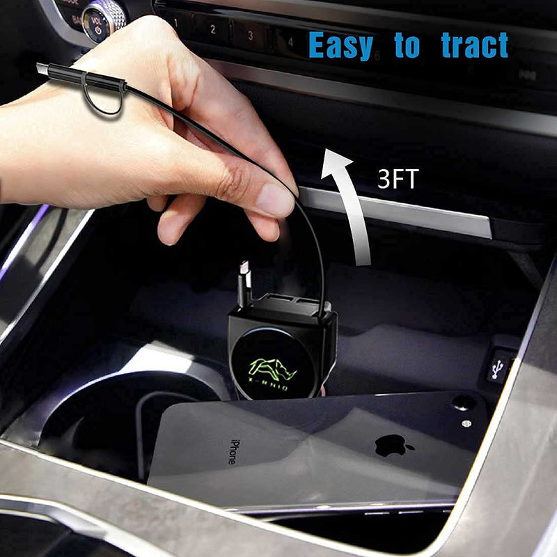 [Australia - AusPower] - Retractable Car Charger, Fast Charge 3.1A 47W, Retractable Cables (3Ft) and 2 USB Ports Car Charger Adapter, Compatible with iPhone & Android Cell Phones 