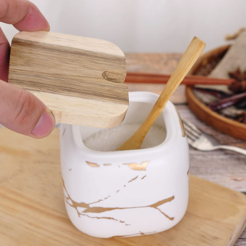 [Australia - AusPower] - VanEnjoy Decorative Marble Inlay Glaze Ceramic Sugar Spice Containers Porcelain Jar with Bamboo Lid and Spoon Condiment Jar for Home White 