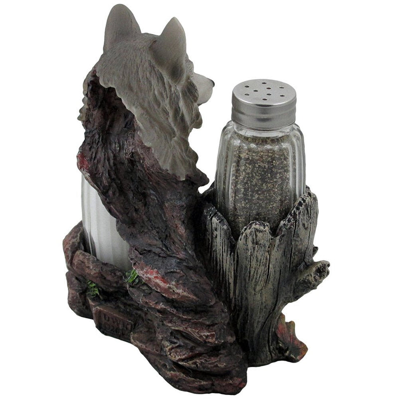 [Australia - AusPower] - Decorative Gray Wolf Glass Salt and Pepper Shaker Set with Holder Figurine for Cabin and Rustic Lodge Restaurant Bar or Kitchen Table Decor, Wildlife Animal Collectibles & Wolves Sculptures As Gifts 