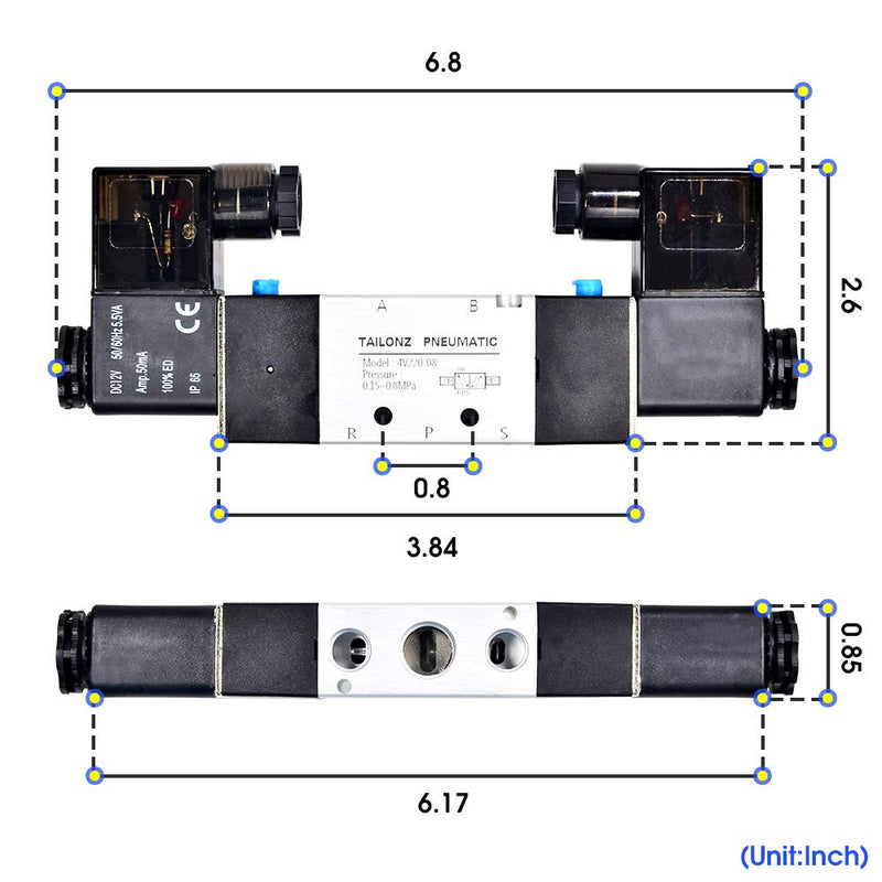[Australia - AusPower] - TAILONZ PNEUMATIC Solenoid Valve 4V220-08 DC12V 1/4"NPT Double Coil Pilot-Operated Electric 2 Position 5 Way Connection Type 
