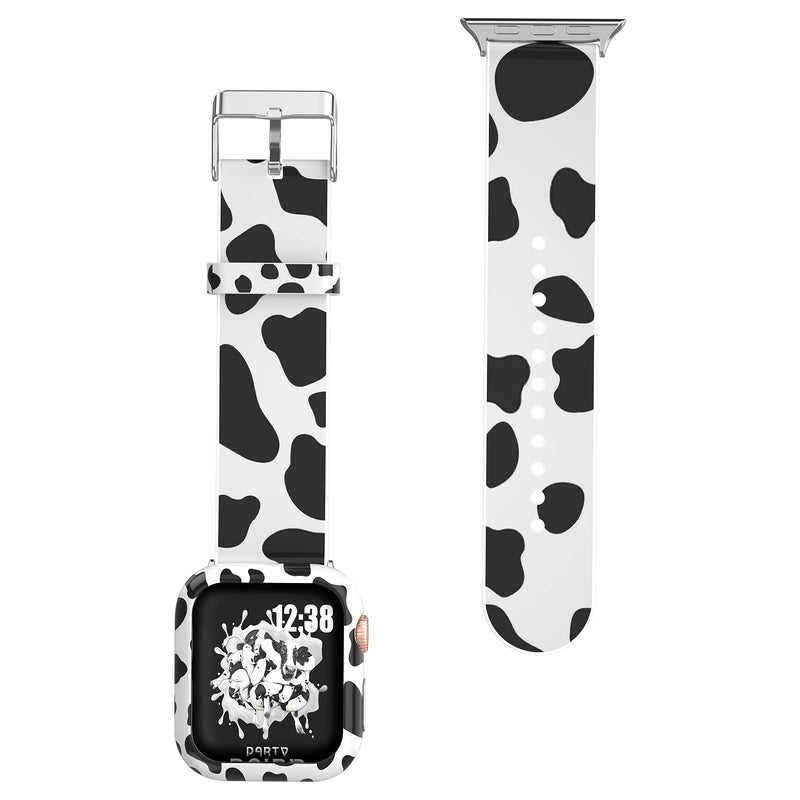 [Australia - AusPower] - Maxjoy Compatible with Apple Watch Band 38mm 40mm with Case for Women Men, Cow Printed Leather Smart Watch Bands Soft Sprot Straps Protective Bumper Case Replacement for iWatch Series 6 5 4 3 2 1 SE Black + White 