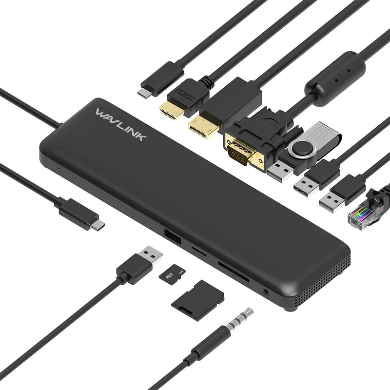 [Australia - AusPower] - WAVLINK USB C Docking Station, 12-in-1 Triple Display Type C Hub Adapter with HDMI, DisplayPort, VGA, Ethernet,2 USB 3.0/2.0,SD/TF Card Reader, Audio Jack,100W PD3.0 for Mac Windows and More HDMI+DP+VGA 