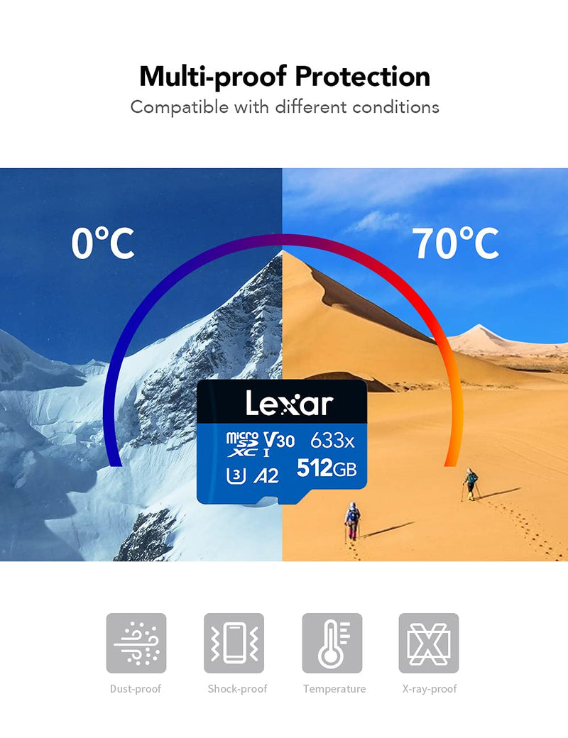 [Australia - AusPower] - Lexar High-Performance 633x 512GB microSDXC UHS-I Card w/ SD Adapter, Up To 100MB/s Read, for Smartphones, Tablets, and Action Cameras (LSDMI512BBNL633A) Single 
