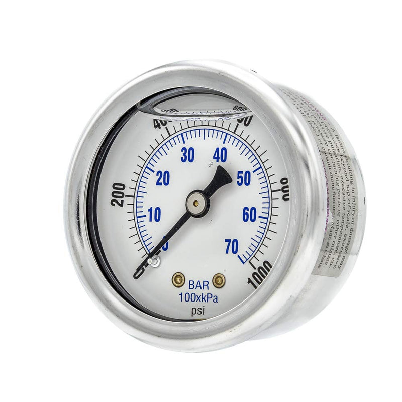 [Australia - AusPower] - PIC Gauge 202L-204M 2" Dial, 0/1000 psi Range, 1/4" Male NPT Connection Size, Center Back Mount Glycerine Filled Pressure Gauge with a Stainless Steel Case, Brass Internals, Stainless Steel Bezel, and Polycarbonate Lens 0 - 1,000 PSI 