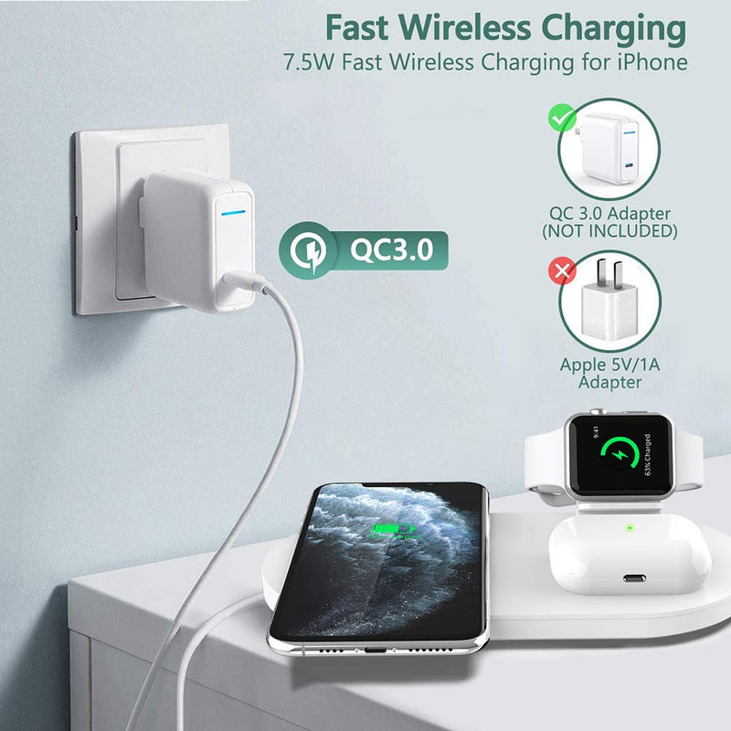 [Australia - AusPower] - 3 in 1 Wireless Charger, Wireless Charging Station with iWatch Stand for iWatch 5/4/3/2, 10W Qi Fast Charger for iPhone 11/11 Pro Max/XR/XS Max/XS/X/8/8P, Airpods 1/2/Pro (White) 