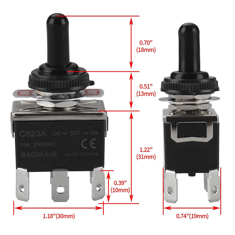 [Australia - AusPower] - Baomain Toggle Switch with Cap AC 250V 15A DPDT 3 Position ON/Off/ON 6 Pins CE Listed 1 