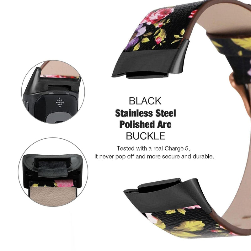 [Australia - AusPower] - Abanen Leather Bands for Fitbit Charge 5, Floral Print Soft Leather Women Wristband Strap with Stainless Steel Quick Release Compatible with Fitbit Charge 5 Black 