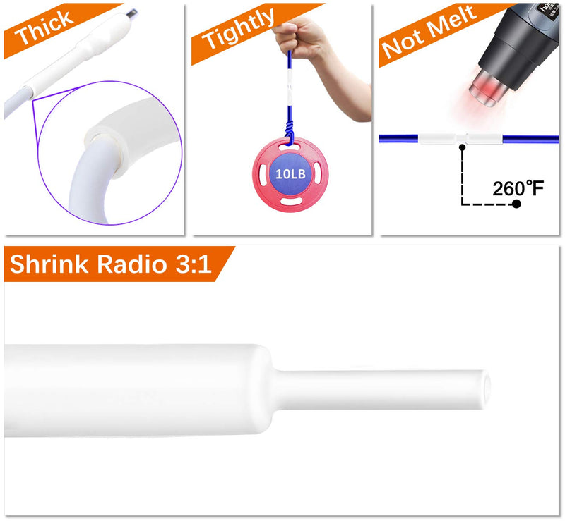 [Australia - AusPower] - Heat Shrink Tubing Kit, Shrink Ratio 3:1 1/4" 5/16" 3/8" Heat Shrink Tube, White Wire Shrink Wrap Tubing Protector Saver Cover for Phone Cable Waterproof Electrical Shrink Tubing with Adhesive Lined 1/4",5/16",3/8" 1 | White 