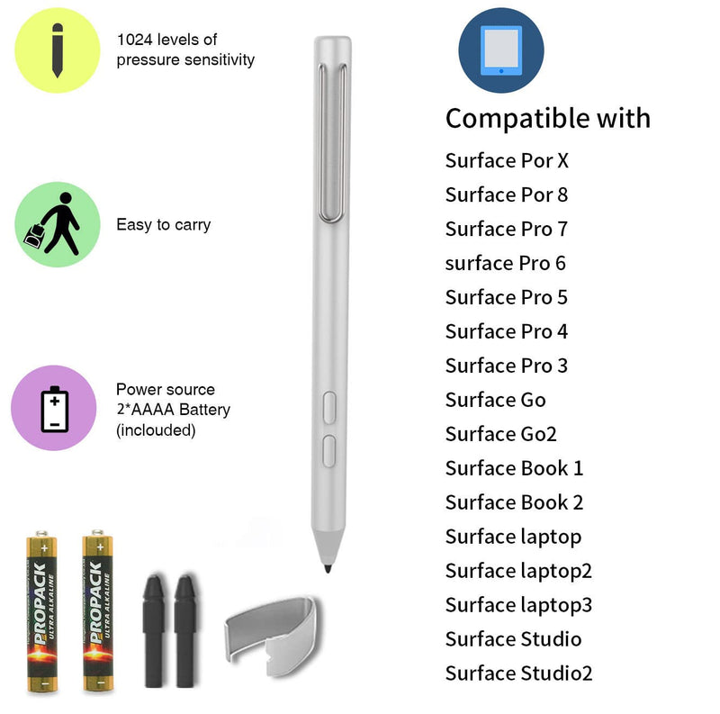 [Australia - AusPower] - Stylus Pen for Microsoft Surface,with1024 Levels high Pressure Sensitivi Compatible with Surface Pro X/8/7/6/5/4/3, Surface Book 3/2/1, Surface Go3/2/1, Laptop4/3/2 Silver 