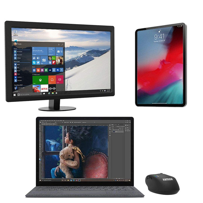 [Australia - AusPower] - Arteck Multi-Device Wireless Bluetooth Mouse with Nano USB Receiver Ergonomic Right Hand Silent Clicking for Computer Desktop PC Laptop Mac iPad and Windows 10/8 iPad OS Build in Rechargeable Battery Black 