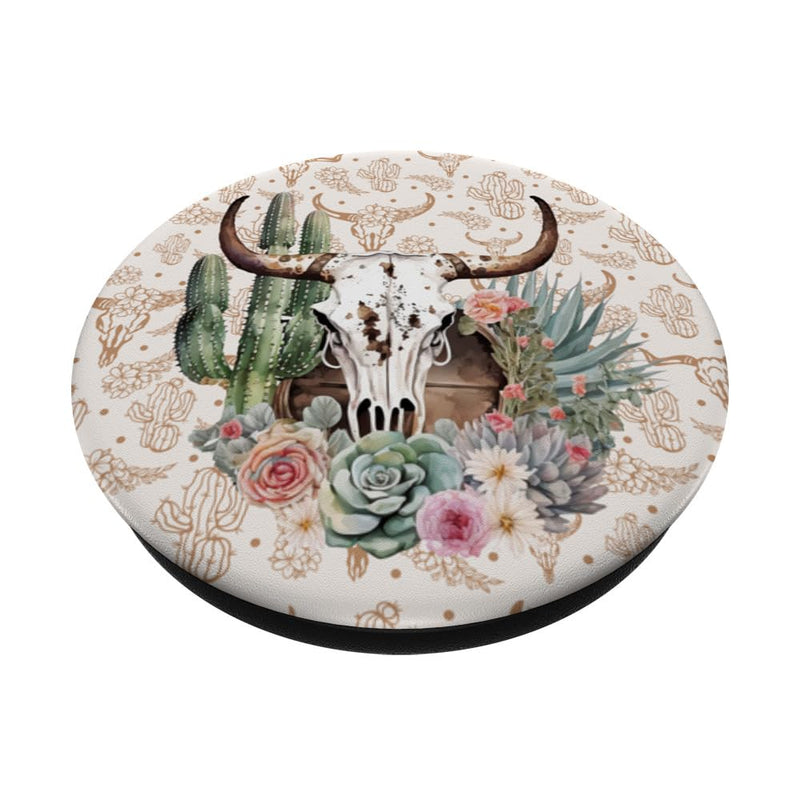 [Australia - AusPower] - Western Boho Chic Longhorn Bull Skull Cactus Beige Pattern PopSockets Swappable PopGrip Black 