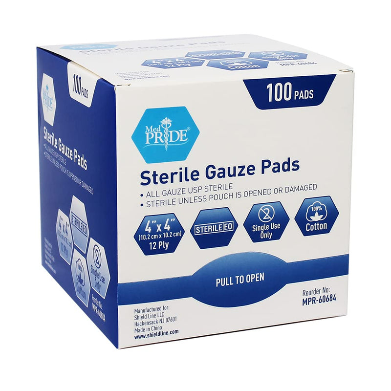 [Australia - AusPower] - Medpride 4’’ x 4’’ Sterile Gauze Pads for Wound Dressing| 100-Pack, Individually Packed Pouches| 12-Ply Cotton & Highly Absorbent| Gauze Sponge-Pads for Wound Care & Home First Aid Kits 4x4 Inch (Pack of 100) 
