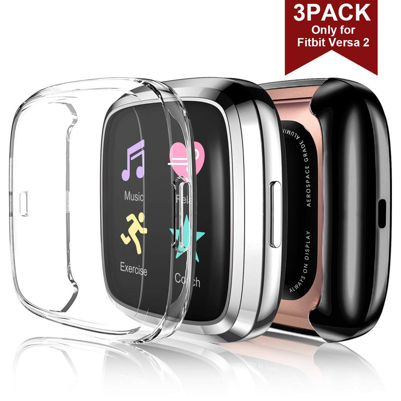 [Australia - AusPower] - Maledan Ultra Thin Screen Protector Case Compatible with Fitbit Versa 2, 3 Pack TPU HD Full Protective Case Cover Scratch Resistant Shock Absorbing for Versa 2 Smartwatch Bands Accessories Clear/Silver/Black 